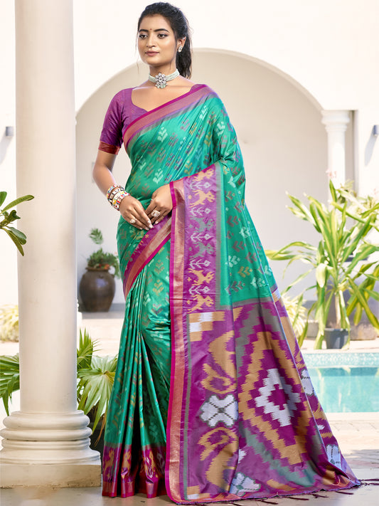 Astita Rama Green & Purple Pochampalli Soft Silk Saree with Traditional Ikat Pallu Sari