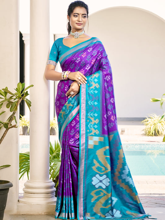 Astita Violet & Sky Blue Pochampalli Soft Silk Saree with Traditional Ikat Pallu Sari