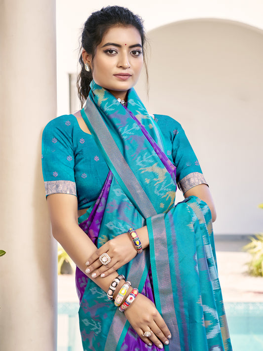 Astita Violet & Sky Blue Pochampalli Soft Silk Saree with Traditional Ikat Pallu Sari