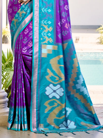 Astita Violet & Sky Blue Pochampalli Soft Silk Saree with Traditional Ikat Pallu Sari
