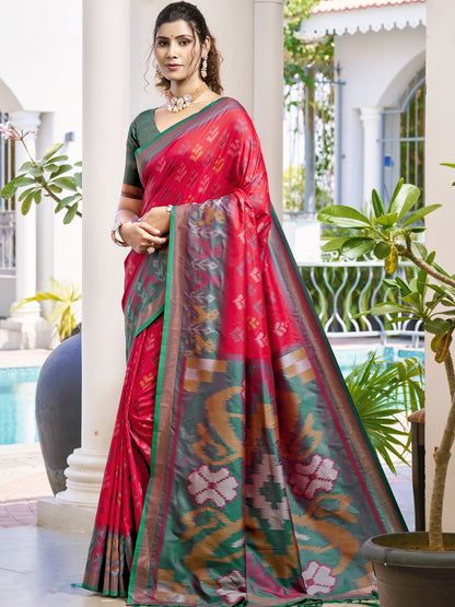 Astita Red & Mhendi Green Pochampalli Soft Silk Saree with Traditional Ikat Pallu Sari