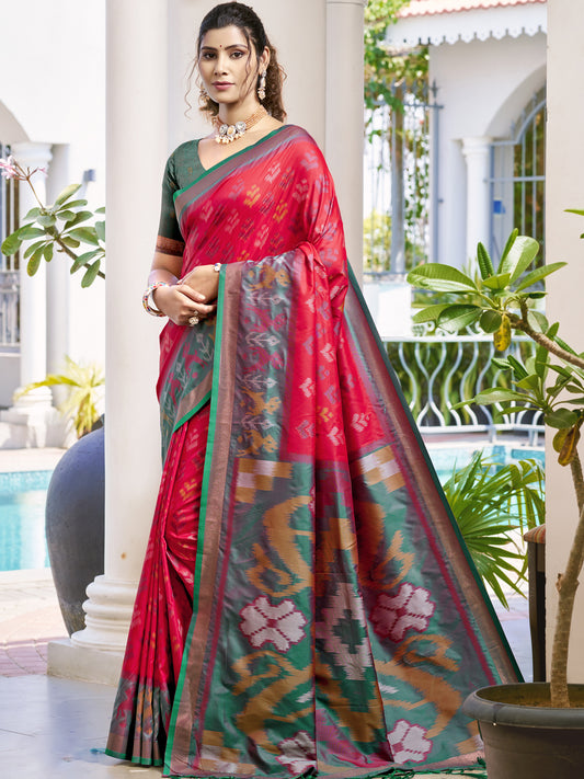Astita Red & Mhendi Green Pochampalli Soft Silk Saree with Traditional Ikat Pallu Sari