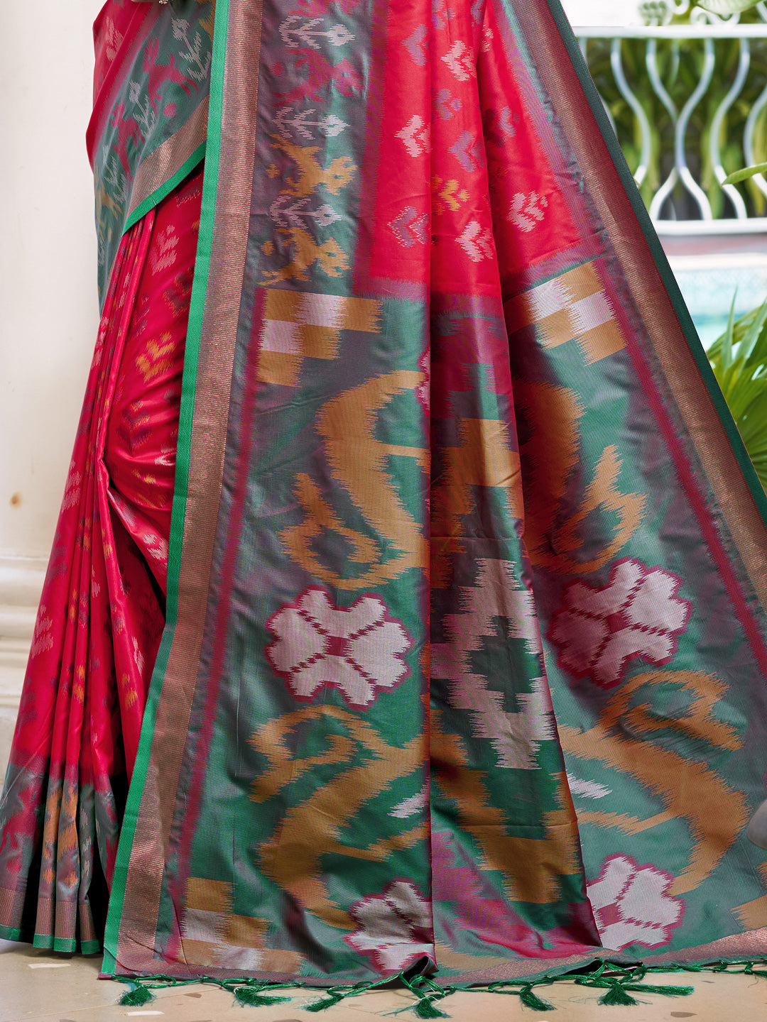 Astita Red & Mhendi Green Pochampalli Soft Silk Saree with Traditional Ikat Pallu Sari