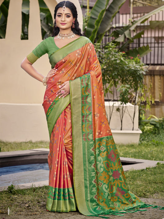 Astita Exquisite Orange & Green Pochampalli Soft Silk Saree with Grand Ikat Woven Pallu – Perfect for Weddings, Festivals & Traditional Celebrations