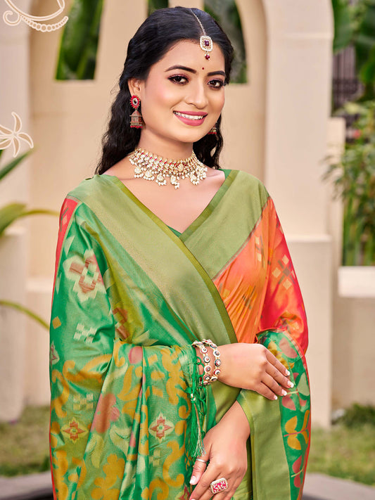 Astita Exquisite Orange & Green Pochampalli Soft Silk Saree with Grand Ikat Woven Pallu – Perfect for Weddings, Festivals & Traditional Celebrations