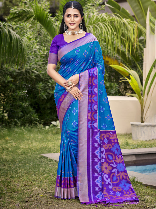 Astita Exquisite Blue & Violet Pochampalli Soft Silk Saree with Grand Ikat Woven Pallu – Perfect for Weddings, Festivals & Traditional Celebrations