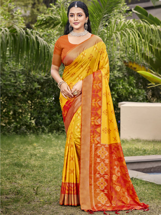 Astita Exquisite Yellow & Red Pochampalli Soft Silk Saree with Grand Ikat Woven Pallu – Perfect for Weddings, Festivals & Traditional Celebrations