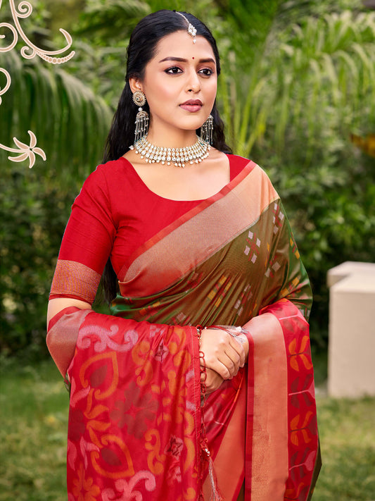 Astita Exquisite Brown & Red Pochampalli Soft Silk Saree with Grand Ikat Woven Pallu – Perfect for Weddings, Festivals & Traditional Celebrations