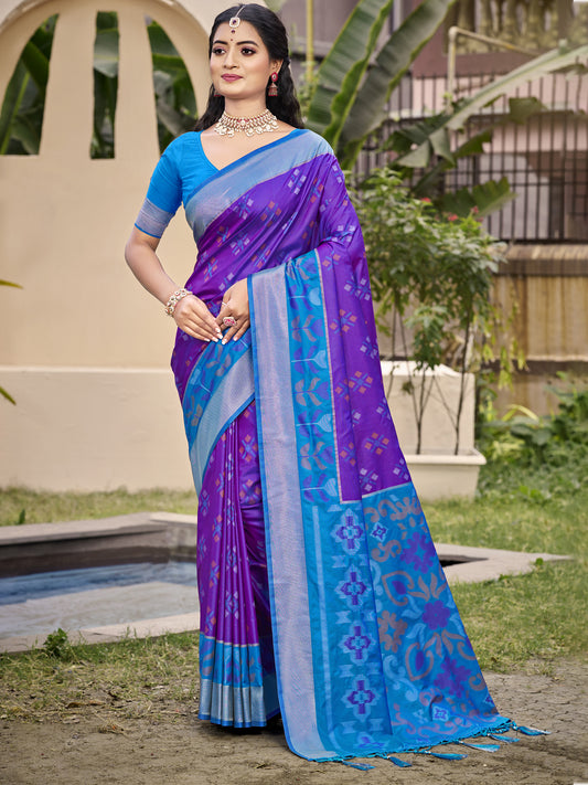 Astita Exquisite Violet & Sky Blue Pochampalli Soft Silk Saree with Grand Ikat Woven Pallu – Perfect for Weddings, Festivals & Traditional Celebrations