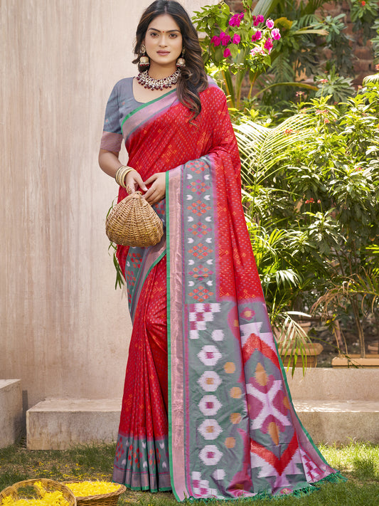 Astita Royal Red & Grey Pochampalli Soft Silk Saree with Traditional Ikat Woven Pallu – Perfect for Festive Celebrations & Wedding Occasions