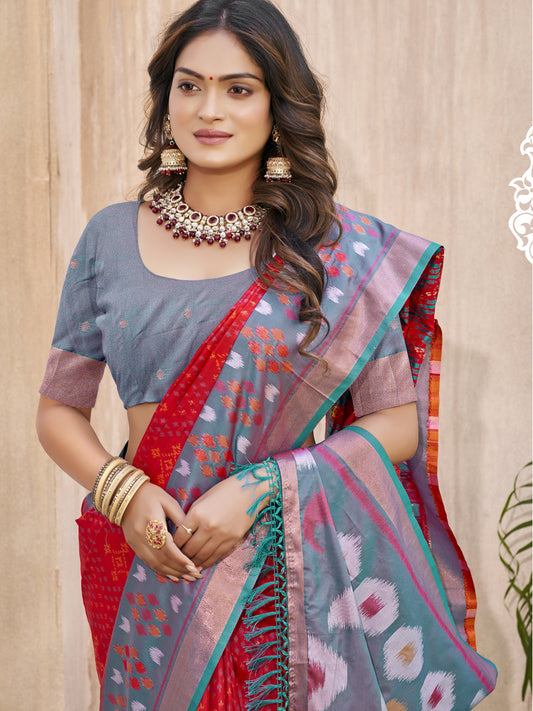 Astita Royal Red & Grey Pochampalli Soft Silk Saree with Traditional Ikat Woven Pallu – Perfect for Festive Celebrations & Wedding Occasions