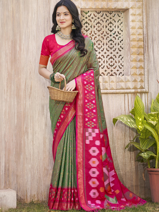 Astita Mhendi Green & Red Pochampalli Soft Silk Saree with Traditional Ikat Woven Pallu – Perfect for Festive Celebrations & Wedding Occasions