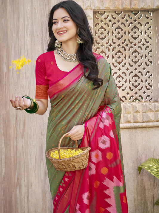 Astita Mhendi Green & Red Pochampalli Soft Silk Saree with Traditional Ikat Woven Pallu – Perfect for Festive Celebrations & Wedding Occasions