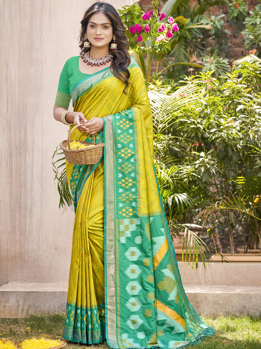 Astita Mustard Yellow & Green Pochampalli Soft Silk Saree with Traditional Ikat Woven Pallu – Perfect for Festive Celebrations & Wedding Occasions