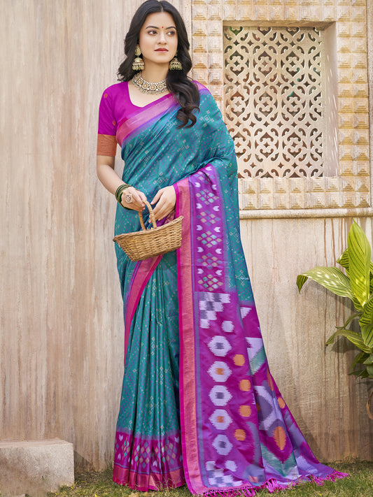 Astita Sea Green & Violet Pochampalli Soft Silk Saree with Traditional Ikat Woven Pallu – Perfect for Festive Celebrations & Wedding Occasions