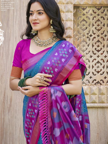 Astita Sea Green & Violet Pochampalli Soft Silk Saree with Traditional Ikat Woven Pallu – Perfect for Festive Celebrations & Wedding Occasions
