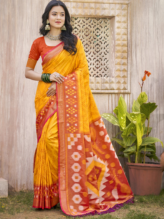 Astita Yellow & Red Pochampalli Soft Silk Saree with Traditional Ikat Woven Pallu – Perfect for Festive Celebrations & Wedding Occasions
