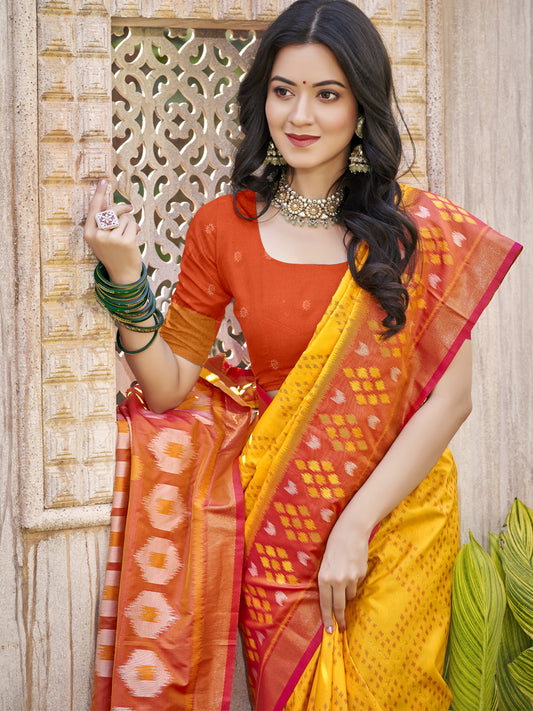 Astita Yellow & Red Pochampalli Soft Silk Saree with Traditional Ikat Woven Pallu – Perfect for Festive Celebrations & Wedding Occasions