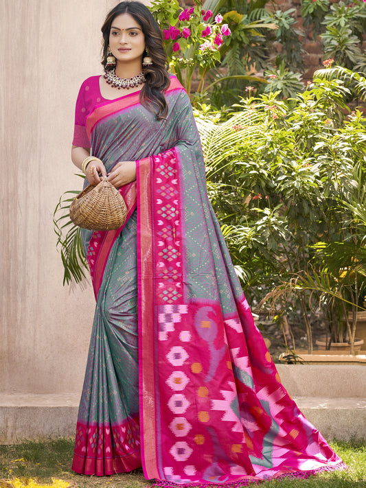 Astita Grey & Magenta Pochampalli Soft Silk Saree with Traditional Ikat Woven Pallu – Perfect for Festive Celebrations & Wedding Occasions