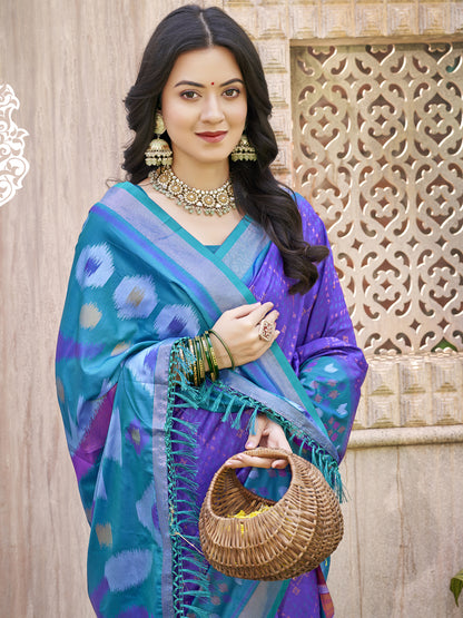 Astita Violet & Sky Blue Pochampalli Soft Silk Saree with Traditional Ikat Woven Pallu – Perfect for Festive Celebrations & Wedding Occasions
