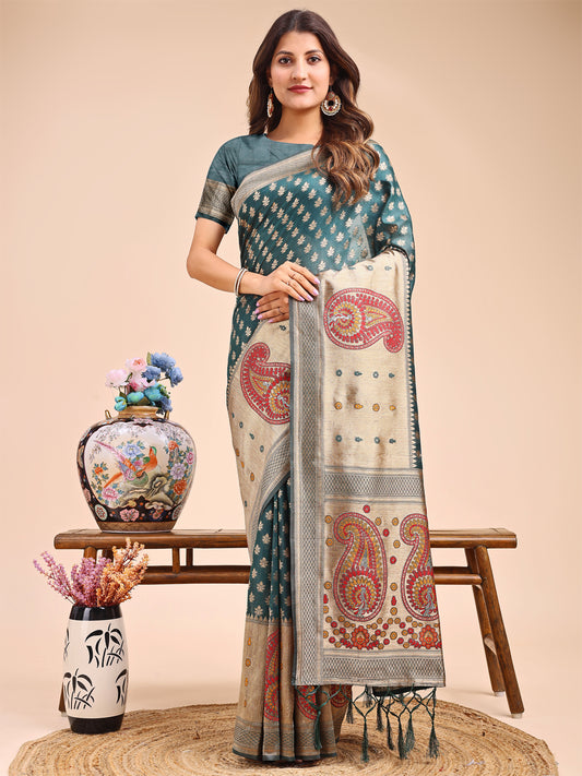 Astita Grace in Every Thread – Sea Green & Beige Linen Cotton Saree with Royal Paisley Charm