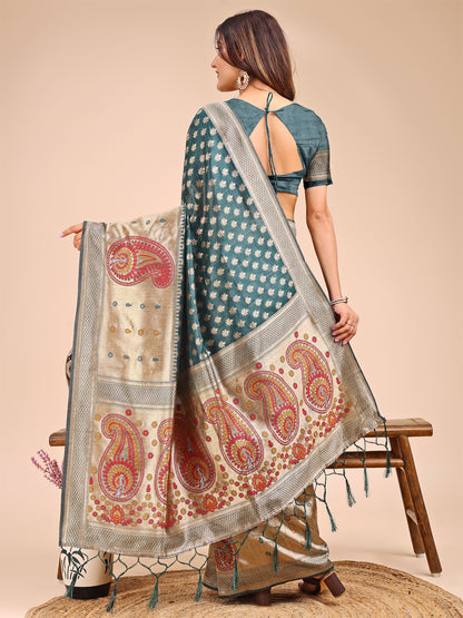 Astita Grace in Every Thread – Sea Green & Beige Linen Cotton Saree with Royal Paisley Charm