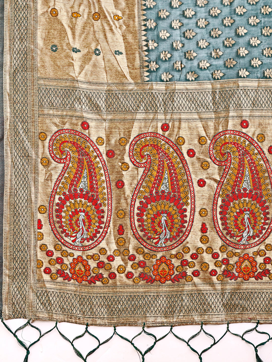 Astita Grace in Every Thread – Sea Green & Beige Linen Cotton Saree with Royal Paisley Charm