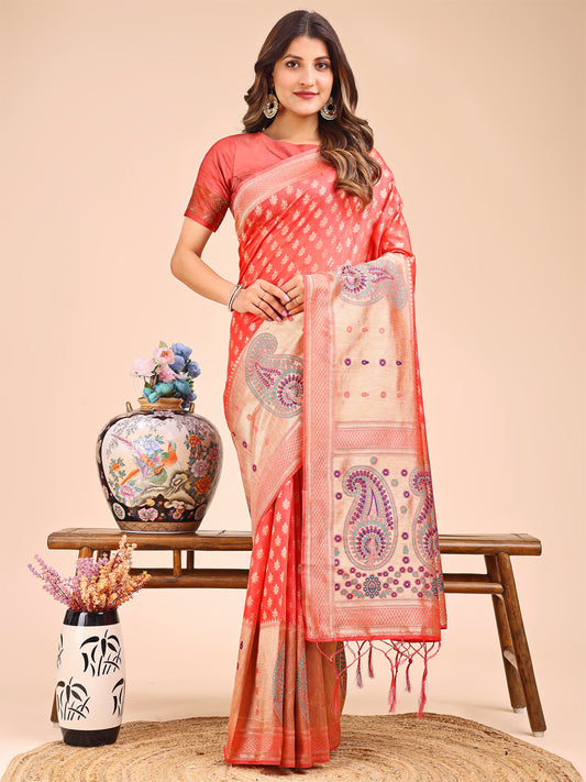 Astita Grace in Every Thread – Peach & Beige Linen Cotton Saree with Royal Paisley Charm