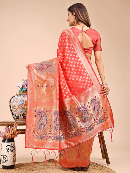 Astita Grace in Every Thread – Peach & Beige Linen Cotton Saree with Royal Paisley Charm