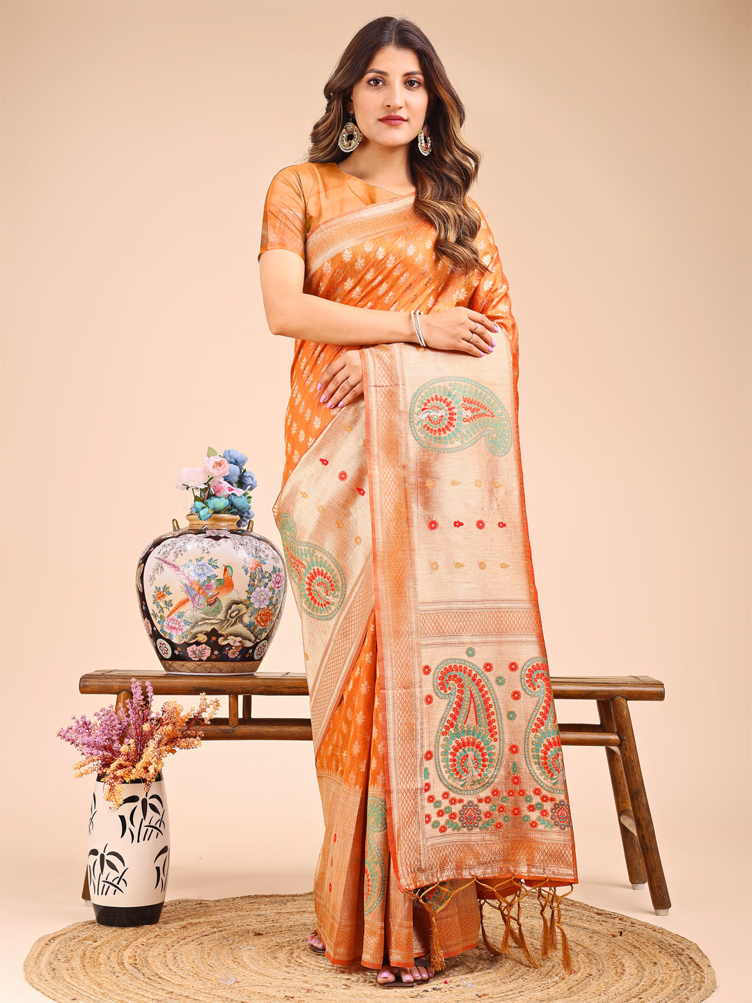 Astita Grace in Every Thread – Mustrad & Beige Linen Cotton Saree with Royal Paisley Charm