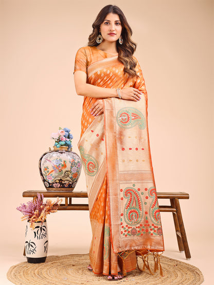 Astita Grace in Every Thread – Mustrad & Beige Linen Cotton Saree with Royal Paisley Charm