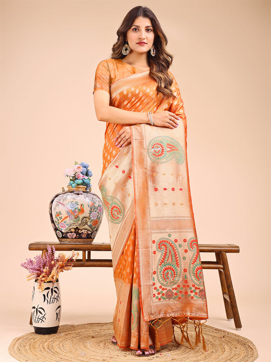Astita Grace in Every Thread – Mustrad & Beige Linen Cotton Saree with Royal Paisley Charm