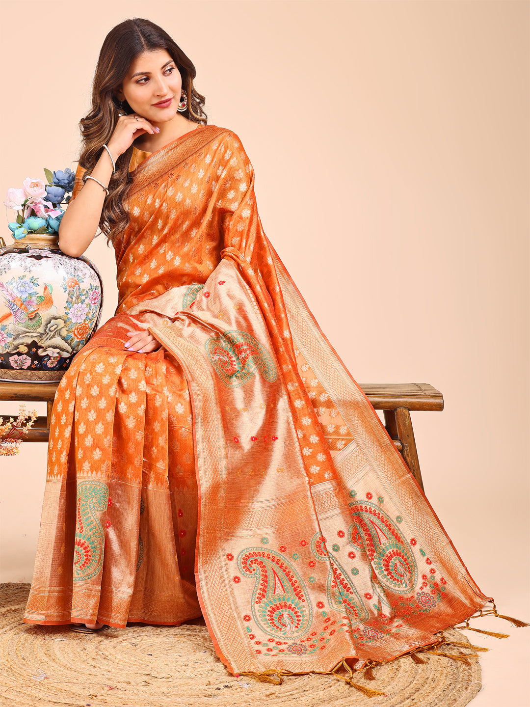 Astita Grace in Every Thread – Mustrad & Beige Linen Cotton Saree with Royal Paisley Charm