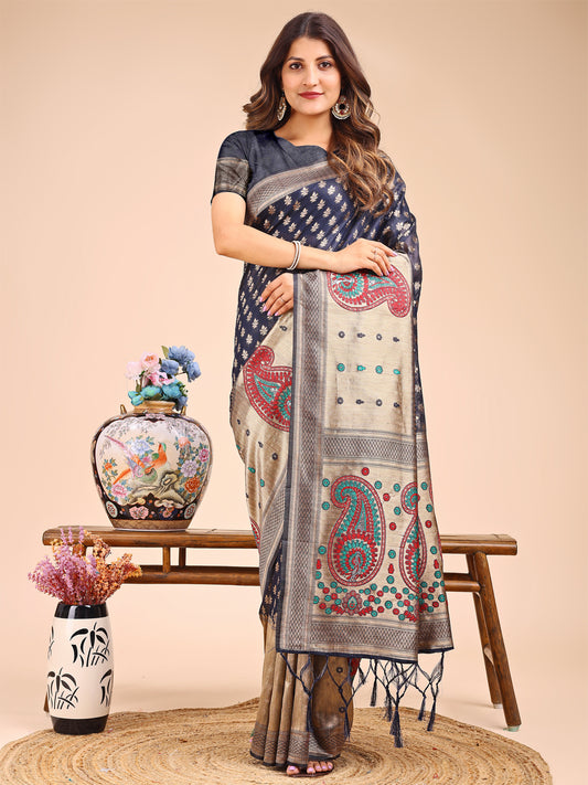 Astita Grace in Every Thread – Navy Blue & Beige Linen Cotton Saree with Royal Paisley Charm