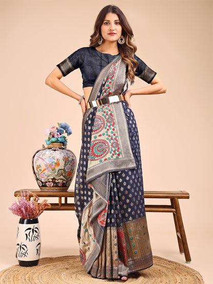 Astita Grace in Every Thread – Navy Blue & Beige Linen Cotton Saree with Royal Paisley Charm