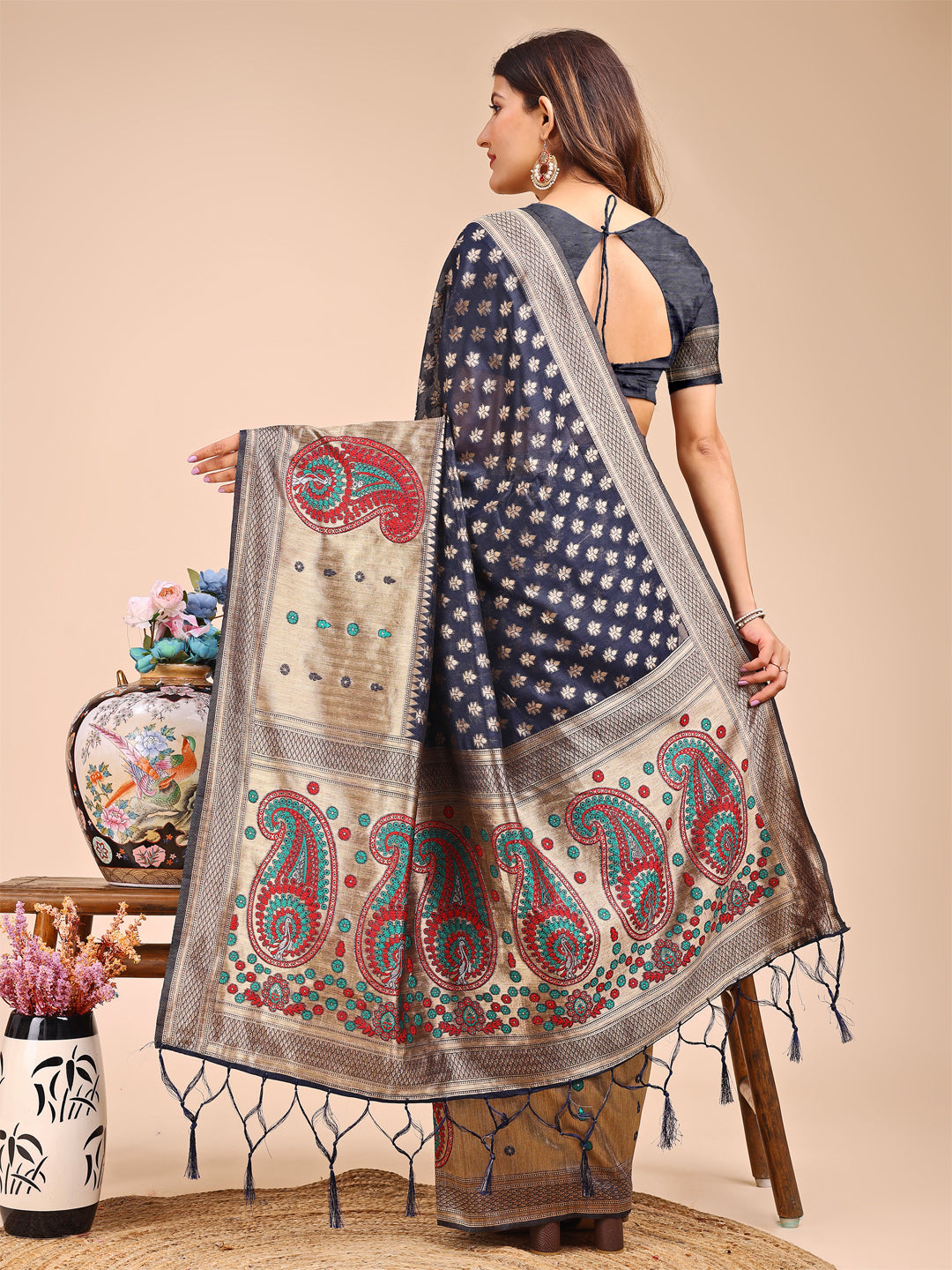 Astita Grace in Every Thread – Navy Blue & Beige Linen Cotton Saree with Royal Paisley Charm