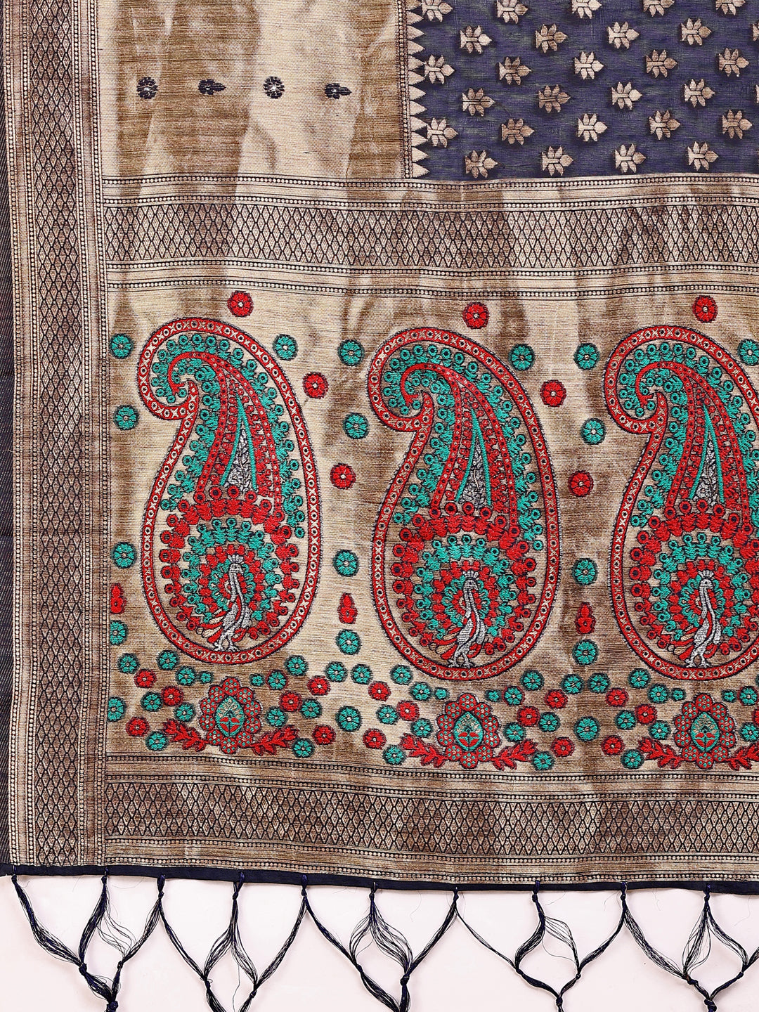 Astita Grace in Every Thread – Navy Blue & Beige Linen Cotton Saree with Royal Paisley Charm