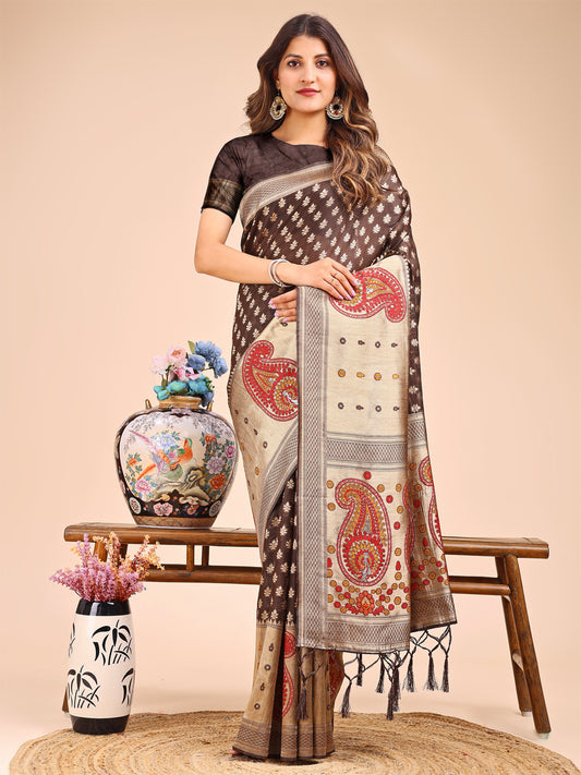 Astita Grace in Every Thread – Brown & Beige Linen Cotton Saree with Royal Paisley Charm
