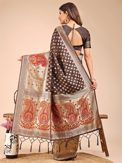 Astita Grace in Every Thread – Brown & Beige Linen Cotton Saree with Royal Paisley Charm