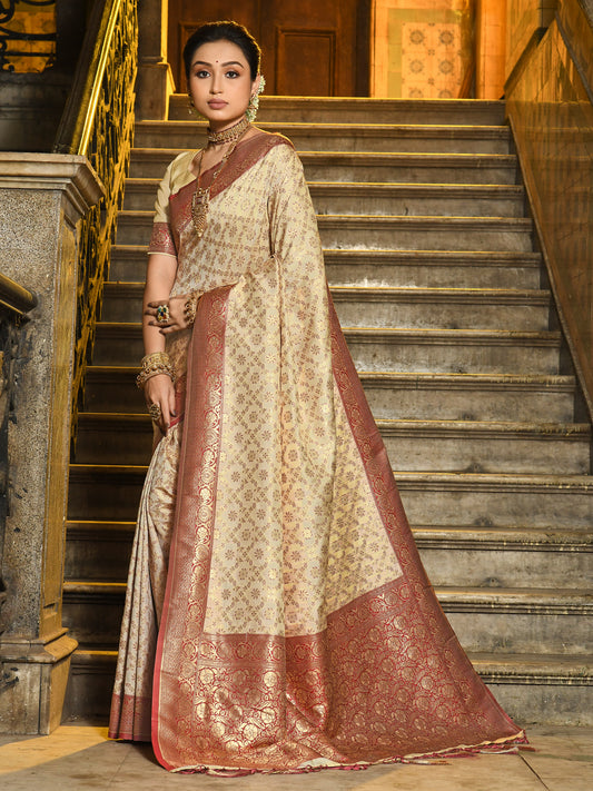 Astita Ivory & Maroon Banarasi Silk Saree with Golden Zari