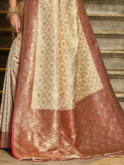 Astita Ivory & Maroon Banarasi Silk Saree with Golden Zari