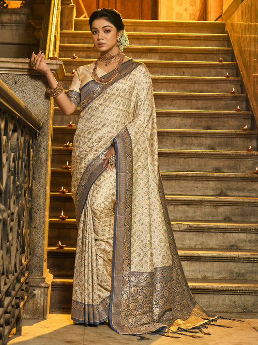 Navy Blue Banarasi Silk Saree with Golden Zari