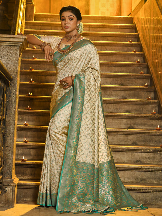 Ivory and Sea Green Banarasi Silk Saree with Golden Zari