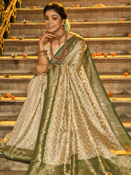Astita Ivory and Green Banarasi Silk Saree with Golden Zari – Regal Elegance for Timeless Celebrations