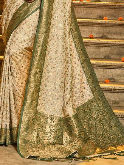 Astita Ivory and Green Banarasi Silk Saree with Golden Zari – Regal Elegance for Timeless Celebrations