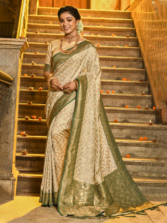 Astita Ivory and Green Banarasi Silk Saree with Golden Zari – Regal Elegance for Timeless Celebrations