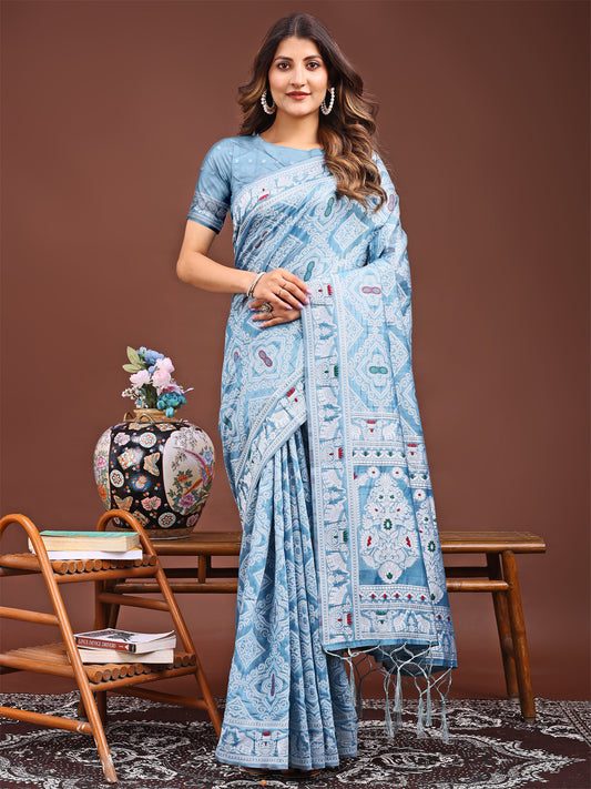 Graceful Sky Blue Printed Saree – A Symphony of Culture and Feminine Charm