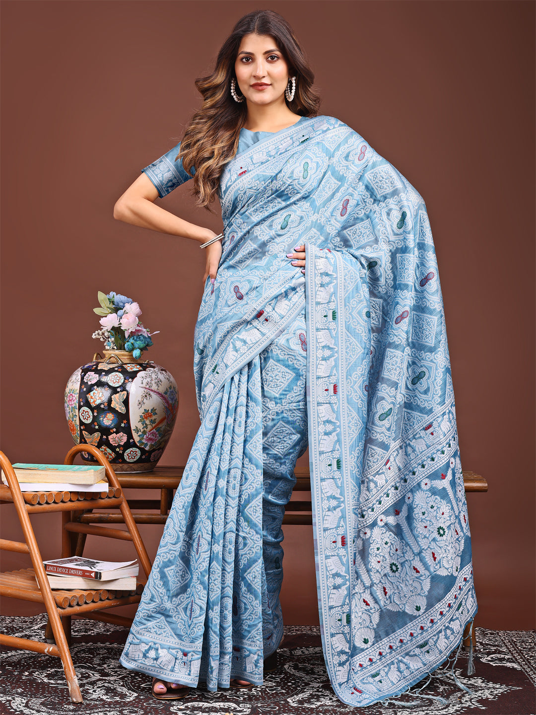Graceful Sky Blue Printed Saree – A Symphony of Culture and Feminine Charm