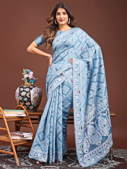 Graceful Sky Blue Printed Saree – A Symphony of Culture and Feminine Charm