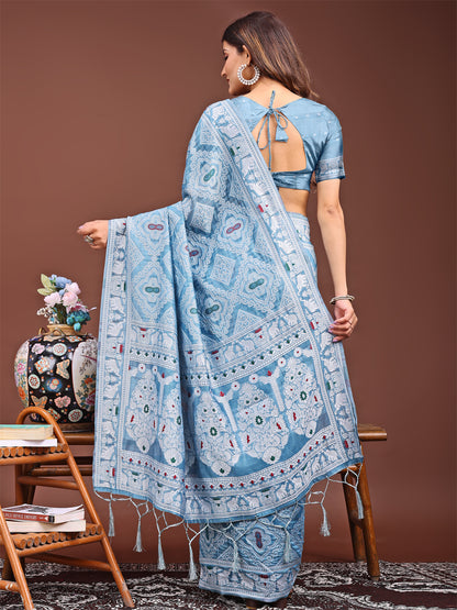Graceful Sky Blue Printed Saree – A Symphony of Culture and Feminine Charm